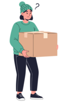 Person with a Box Looking Confused About Delivery in Casual Attire with Question Mark Expressions png
