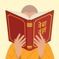 Person Reading Thick Red Book with Gold Lettering on Light Background vector