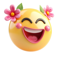 Yellow emoji face with rosy cheeks and flowers in its hair expressing joy and cheerfulness in a cute way png