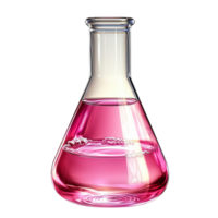 Glass flask filled with a vibrant pink liquid in a laboratory setting suggesting scientific research or experimentation with chemicals png