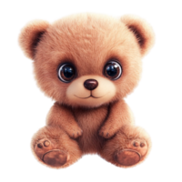 Small brown teddy bear sitting upright with big round eyes and a soft innocent expression on its face png
