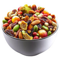 Bowl filled with a colorful assortment of nuts and dried fruits a healthy and delicious snack mix png