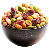Bowl filled with a variety of mixed nuts and dried fruits creating a colorful and healthy snack png