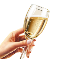 Hand holding a delicate champagne glass filled with golden liquid and tiny bubbles sparkling brightly png