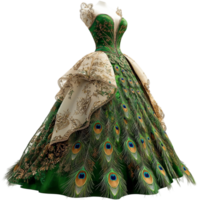 Elegant green dress resembling peacock feathers flows gracefully with intricate patterns and vibrant colors png