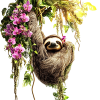 Sloth hanging from a flowering branch on white background display png