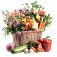 Basket filled with various vegetables on white background display png