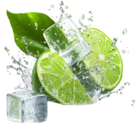 Fresh limes cut in half with water splashes closeup view png