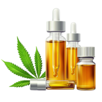 Small bottles of essential oil and hemp leaves on display png