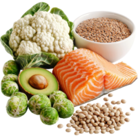 Assortment of healthy food including salmon avocado and broccoli png