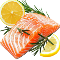 Fresh salmon fillet with lemon slices and herbs closeup png
