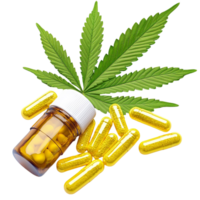 Marijuana leaves pills and a bottle on white background png