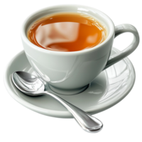 White teacup with a silver spoon and a saucer png