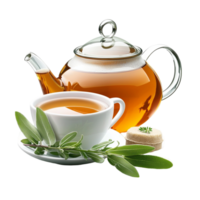 Teapot and teacup with green leaves on a table setting png