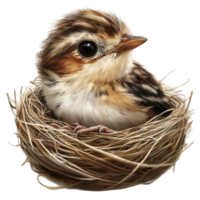 Small bird in a nest made of twigs and grass png