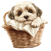 Small puppy nestled in a woven basket looking upwards png