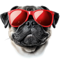 Pug dog wearing red sunglasses with a serious expression png