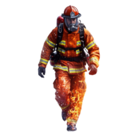 Firefighter in full gear confidently walking towards an unknown blaze png