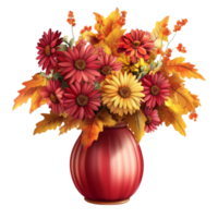 Orange red and yellow fall flowers arranged in red striped vase png