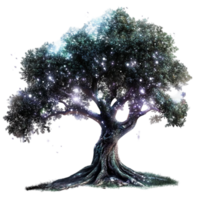 Glowing magical tree with sparkling branches and curved trunk png