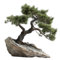 Curved bonsai tree growing from rock with beautiful twisted trunk png