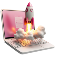 Digital innovation with pink laptop and rocket launch png