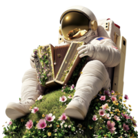 Astronaut sitting on floral hill reading book space exploration png