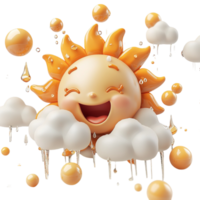 Cheerful sun with clouds and raindrops weather scene png