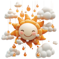 Smiling sun with rain clouds and raindrops weather icon png