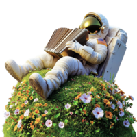 Astronaut relaxing in chair on grassy hill reading book png