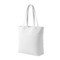 A plain white canvas tote bag with two handles stands upright on a clean white surface isolated on transparent background png