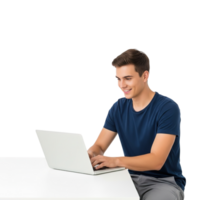 Young man happily working on a laptop with a colorful cloud of digital icons and symbols floating above him isolated on transparent background png