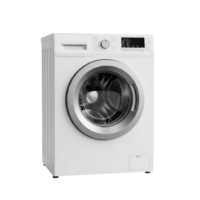 Modern white front loading washing machine with digital display isolated on transparent background png