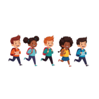 Diverse group of happy cartoon children running together with backpacks isolated on transparent background png