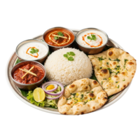 Delicious indian thali meal featuring rice curries naan bread and yogurt sauces isolated on transparent background png