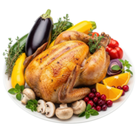 Delicious roasted whole chicken served with fresh vegetables and fruits on a white plate isolated on transparent background png