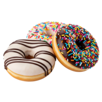 Three delicious donuts with colorful sprinkles and chocolate glaze isolated on transparent background png