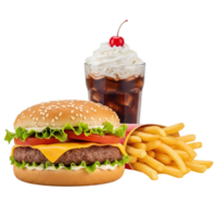 Classic american fast food meal featuring a juicy cheeseburger crispy french fries and a cherry topped soda float isolated on transparent background png