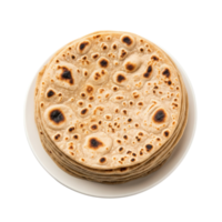 A stack of freshly made indian chapati flatbreads with golden brown spots on a white plate isolated on transparent background png