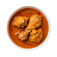 Delicious chicken curry served in a white bowl with rich orange sauce isolated on transparent background png