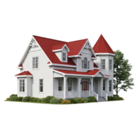 Charming victorian style white house with red roof and greenery isolated on transparent background png