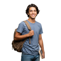 Young smiling male student with a backpack and book stands confidently isolated on transparent background png