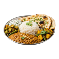 Delicious indian thali meal featuring rice lentils vegetables and naan bread isolated on transparent background png