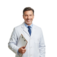 Smiling male doctor wearing white lab coat holding clipboard isolated on transparent background png