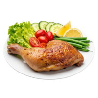 Deliciously roasted chicken leg quarter served with fresh garden vegetables and lemon wedge isolated on transparent background png