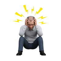 Man experiencing intense headache with yellow lightning bolts radiating from his head against a white background png