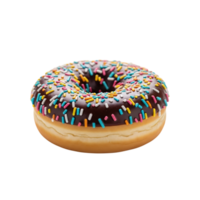 A delicious chocolate frosted donut covered in colorful sprinkles on a white background png