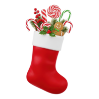 A festive red christmas stocking overflowing with colorful candies and holiday decorations against a white background png
