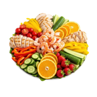 Vibrant and fresh seafood and vegetable platter featuring grilled chicken shrimp oranges and berries png