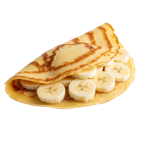 A delicious golden brown crepe folded in half filled with freshly sliced sweet bananas on a white background png